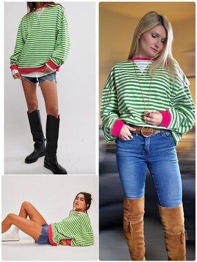 NEW Free People Classic Striped Crewneck Sweatshirt In Green Pink Combo Size XS